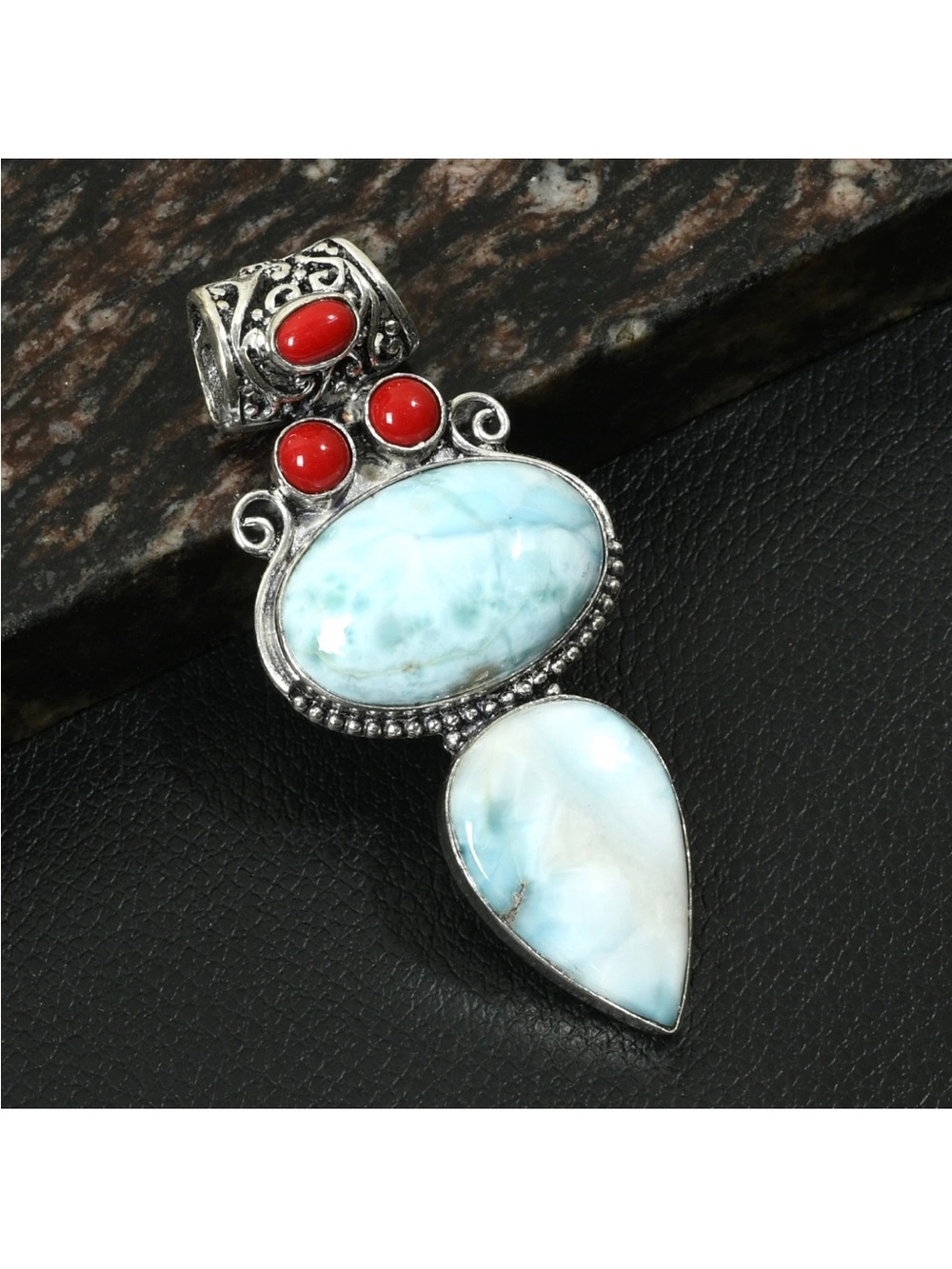 New! 925 Sterling Silver Overlay Larimar & Red Coral Multi Gemstone Pendant